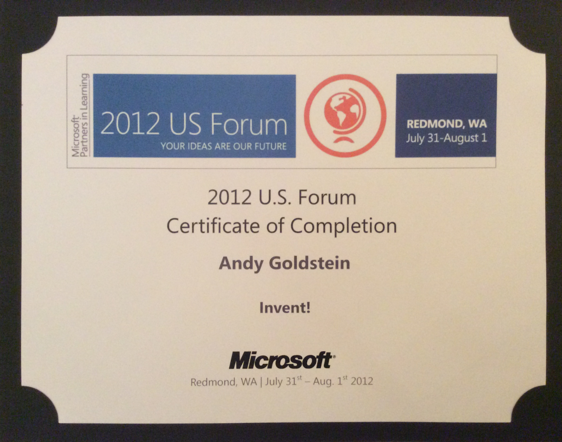 Microsoft Partners in Learning - U.S. Forum certificate