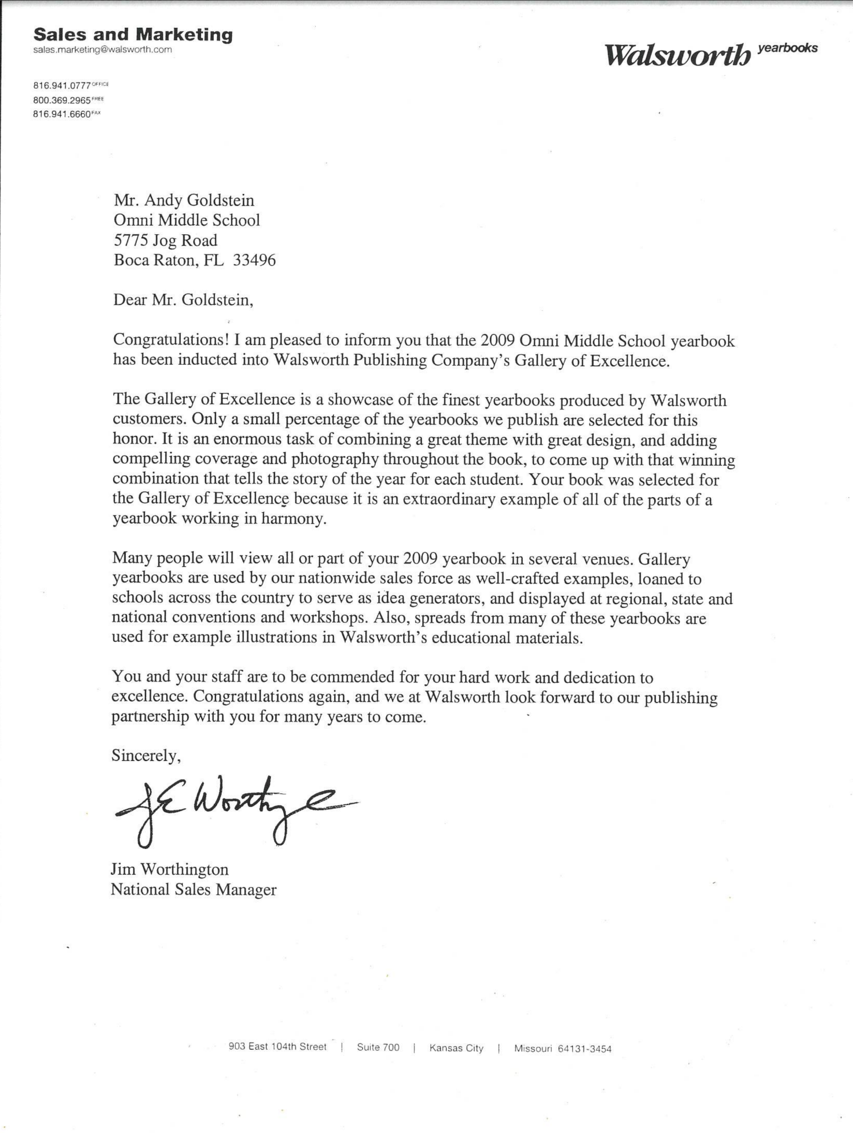 Yearbook Letter of Excellence